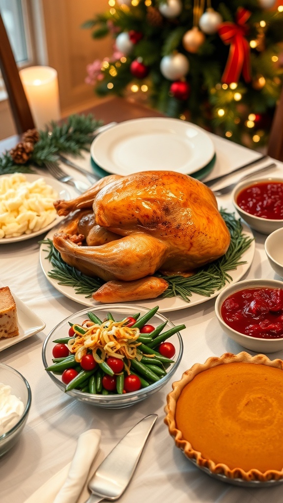 Classic 1980s Christmas Dinner Menu A festive Christmas dinner table with roasted turkey, mashed potatoes, green bean casserole, cranberry sauce, and pumpkin pie.